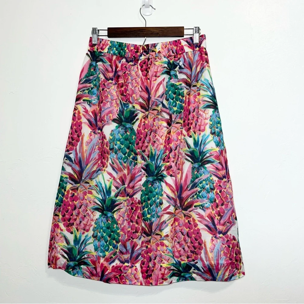 J.Crew A-Line Midi Skirt Ratti Painted Pink Pineapple Print Elastic Waist